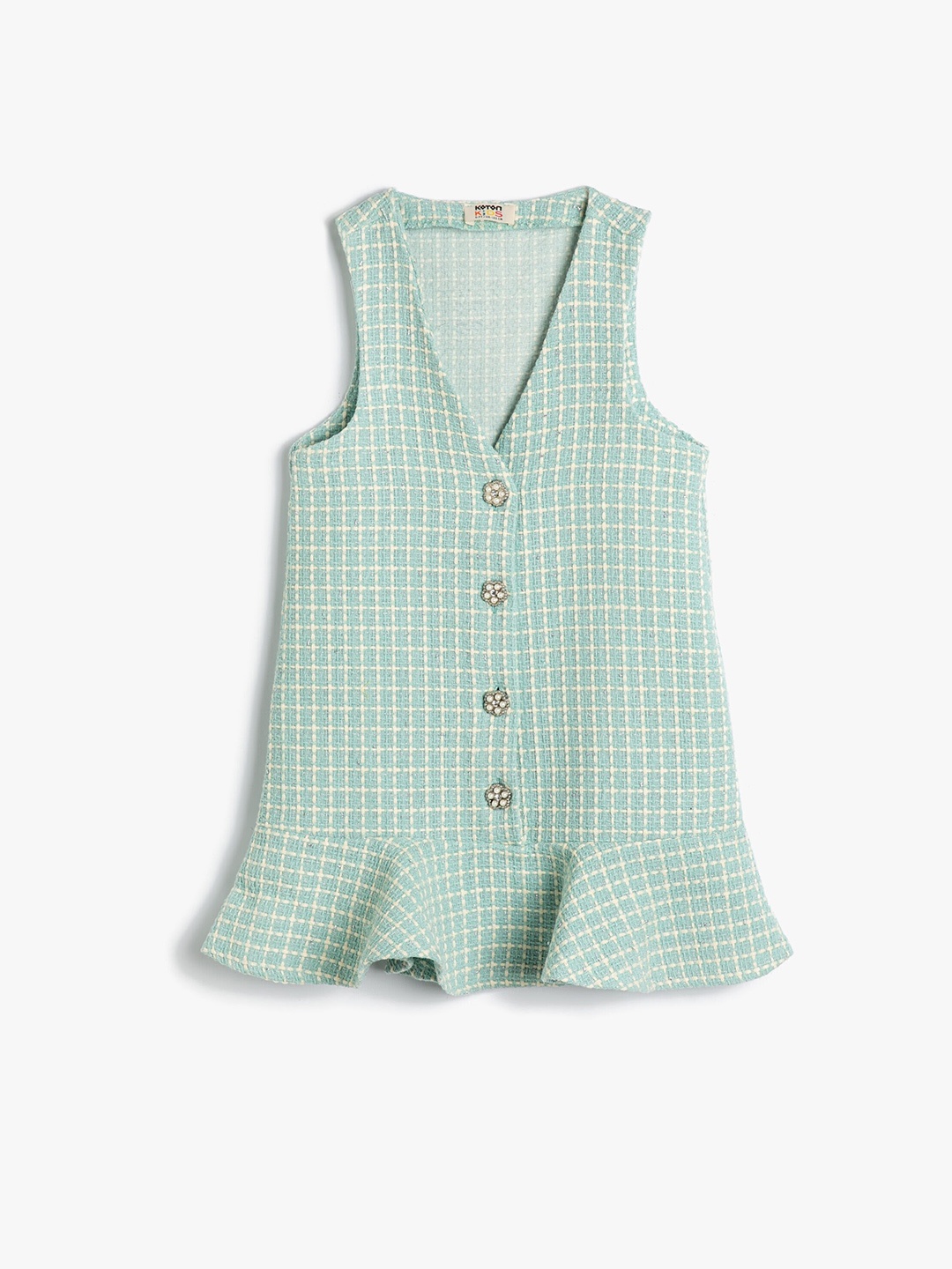 

Koton Girls Checked V-Neck Sleeveless A-Line Dress, Green