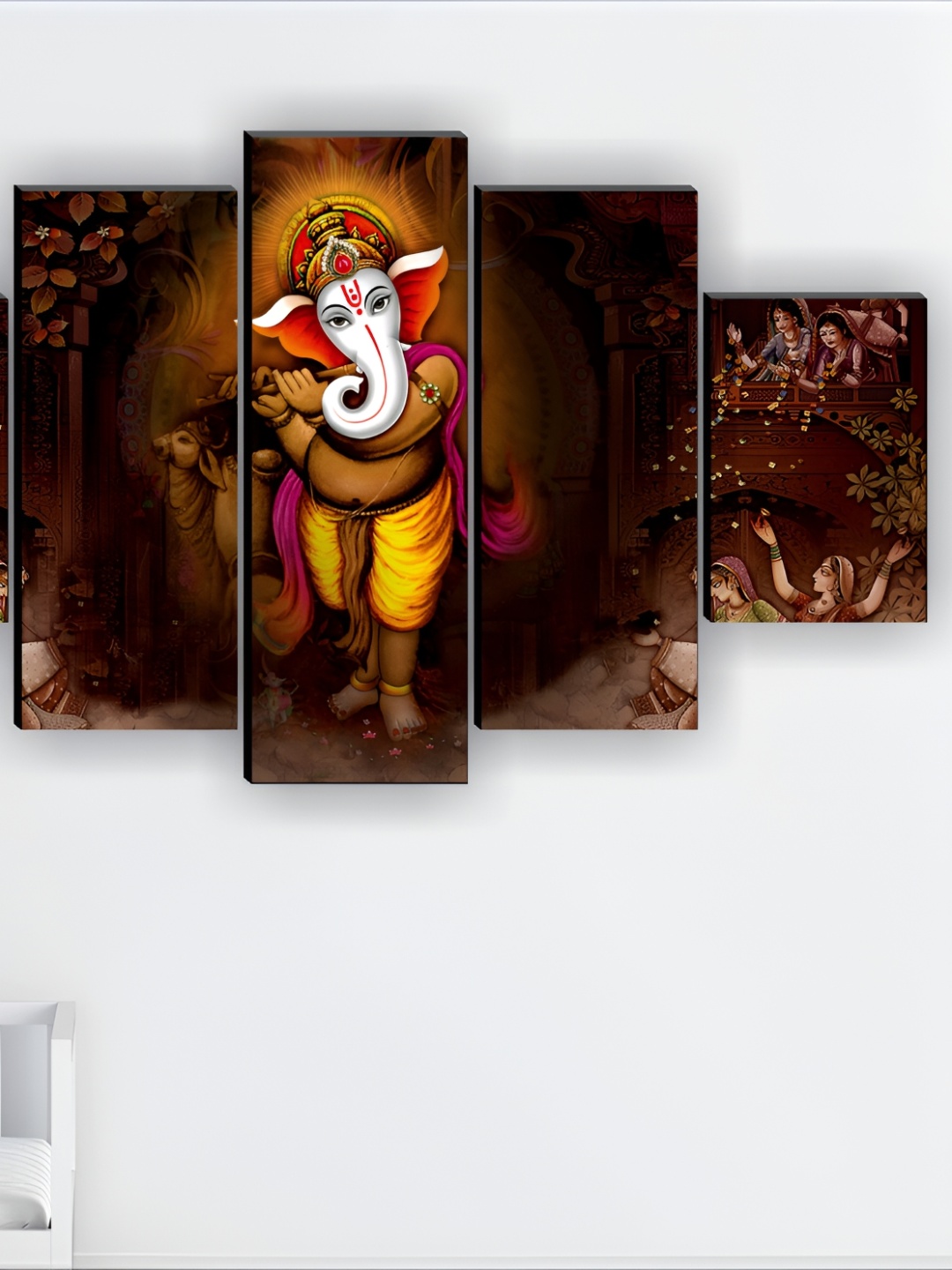 

SAF Brown & Yellow 5 Pieces Synthetic Wood Religious Wall Paintings