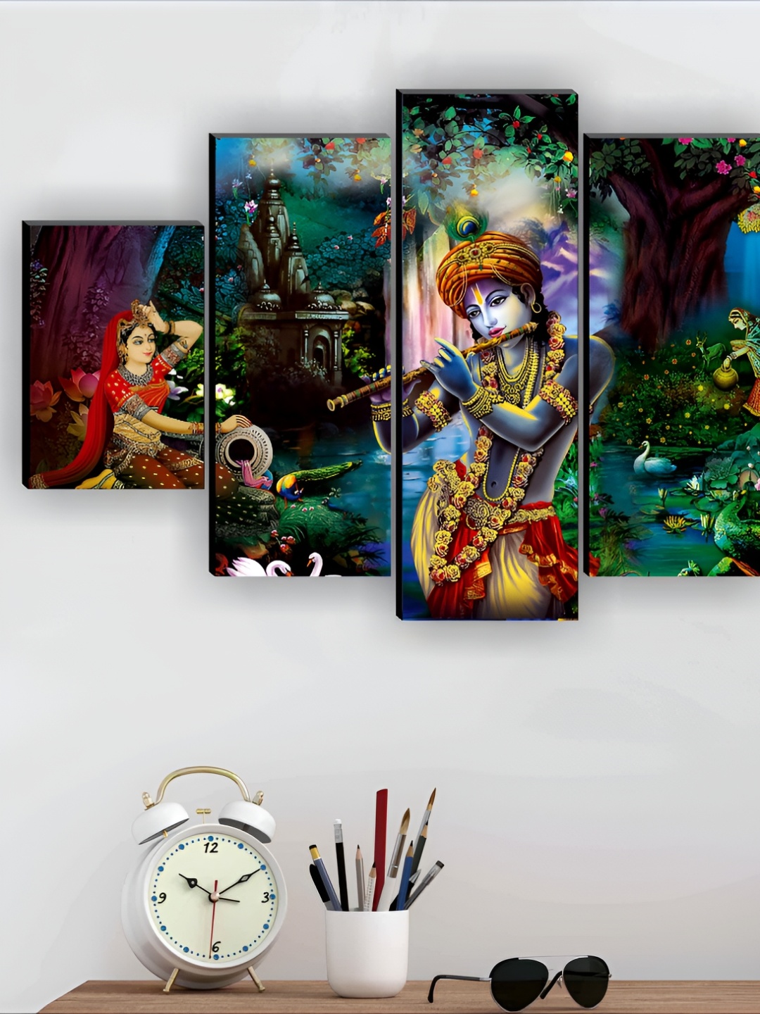 

SAF Green & Blue 5 Pieces Radha Krishna Religious Wall Paintings