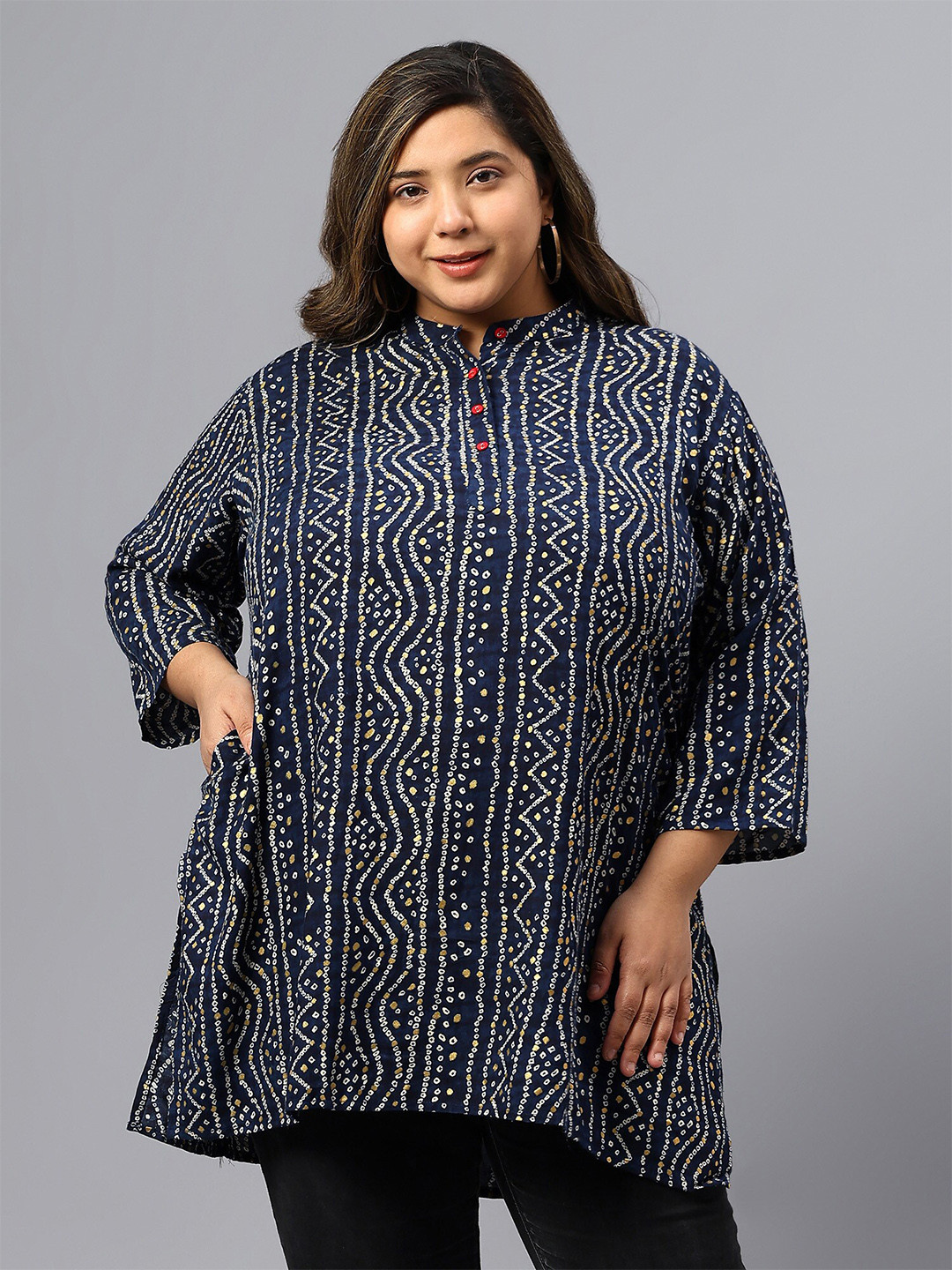 

Indietoga Plus Size Bandhani Print Mandarin Collar Longline Top, Blue