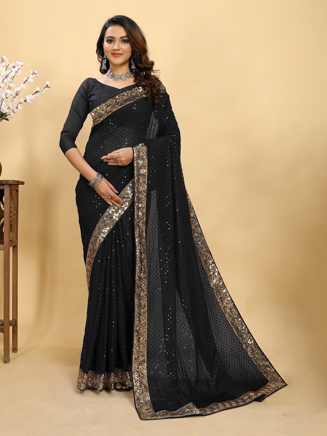 

Ekasya Embellished Sequinned Georgette Saree, Black