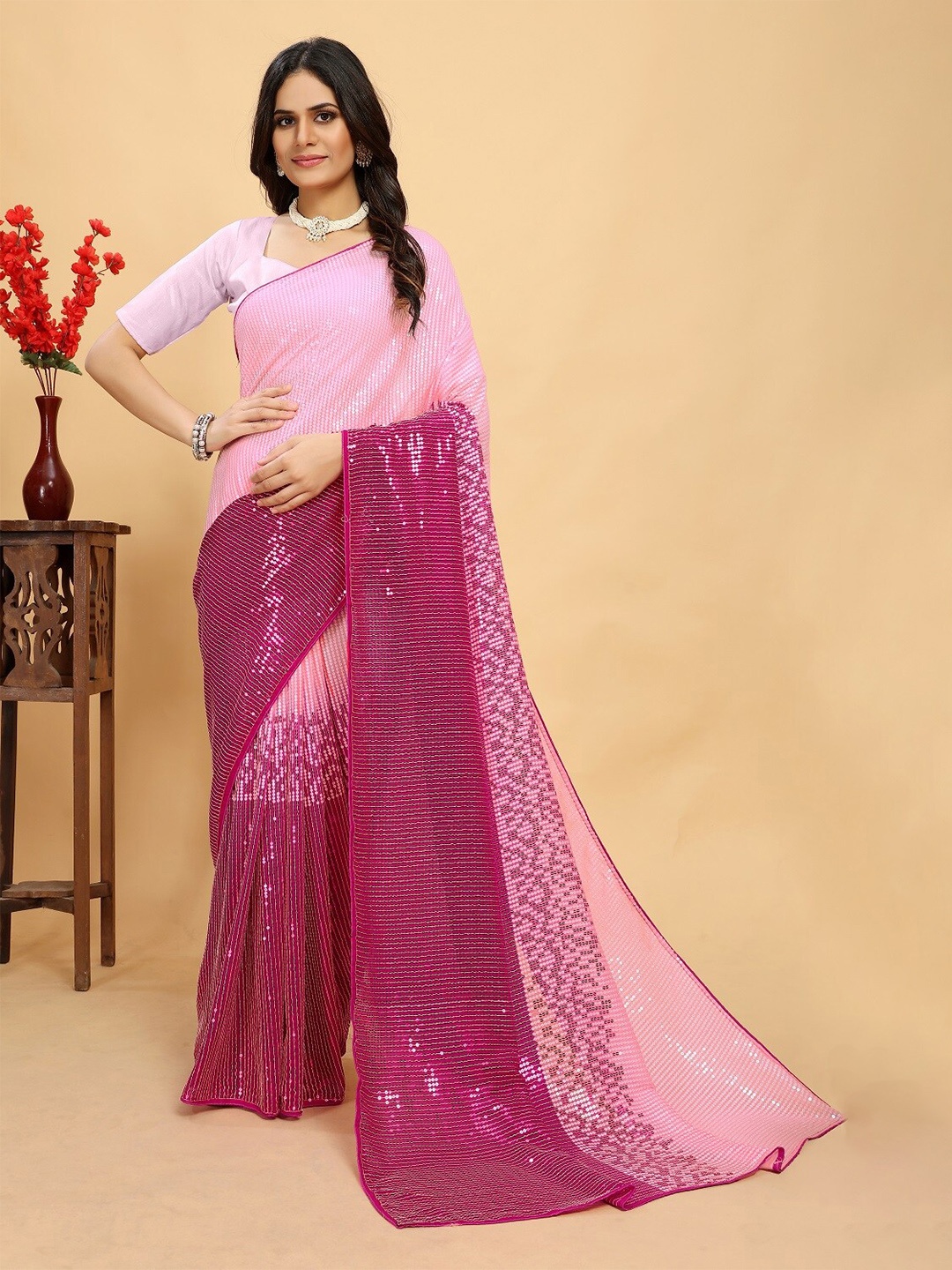 

Ekasya Embellished Sequinned Georgette Saree, Pink