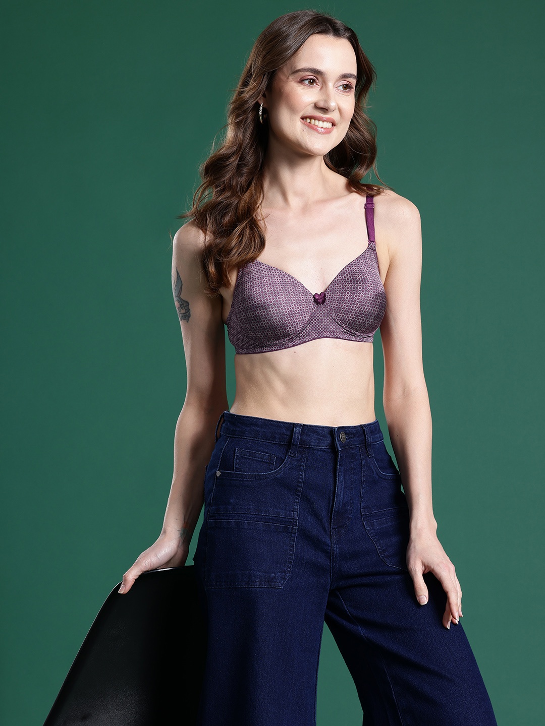 

DressBerry Geometric Printed Bra - Full Coverage Lightly Padded, Purple