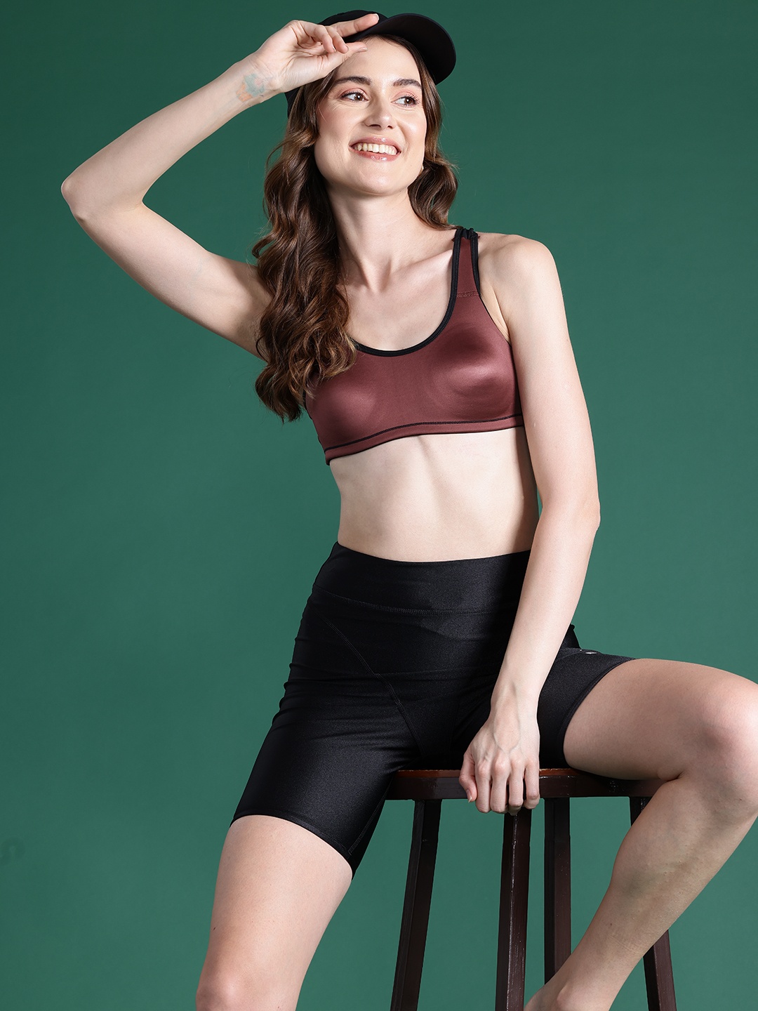 

DressBerry Solid Dry Fit Sports Bra - Full Coverage Lightly Padded, Brown