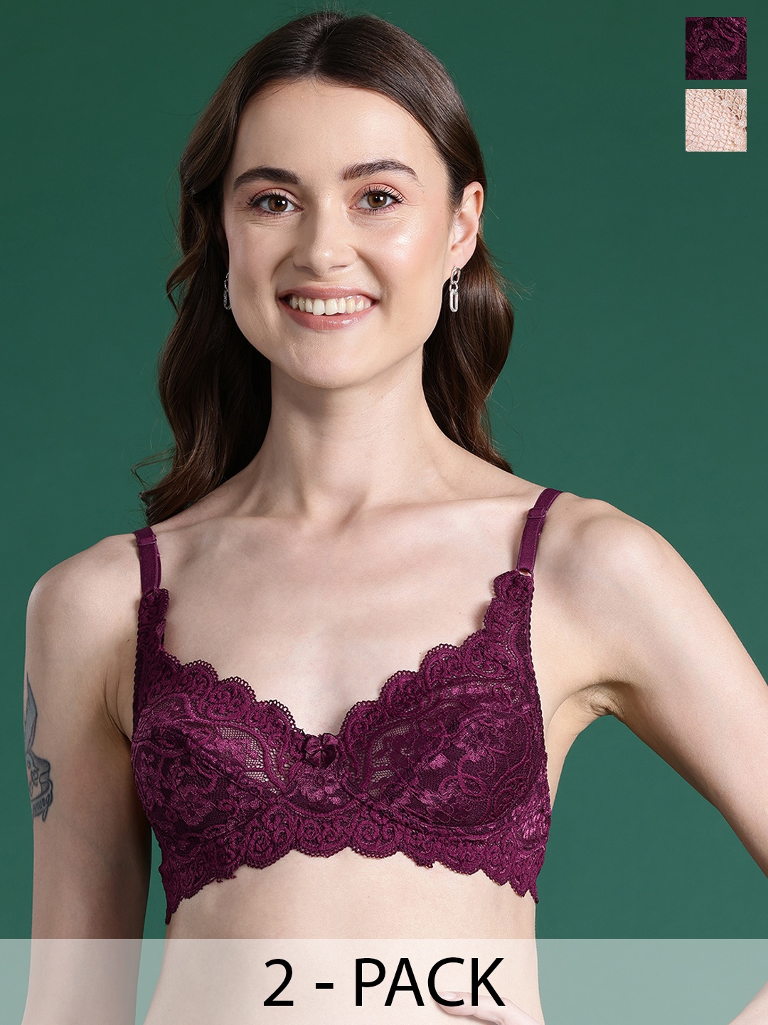 

DressBerry Set of 2 Floral Bra - Full Coverage, Burgundy