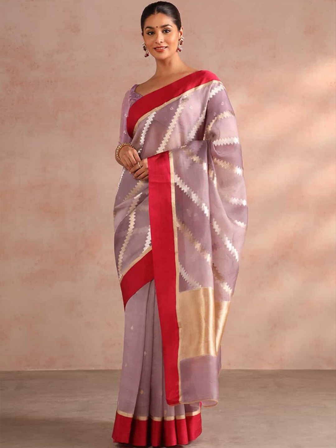 

RadadiyaTRD Striped Woven Design Zari Silk Cotton Saree, Lavender