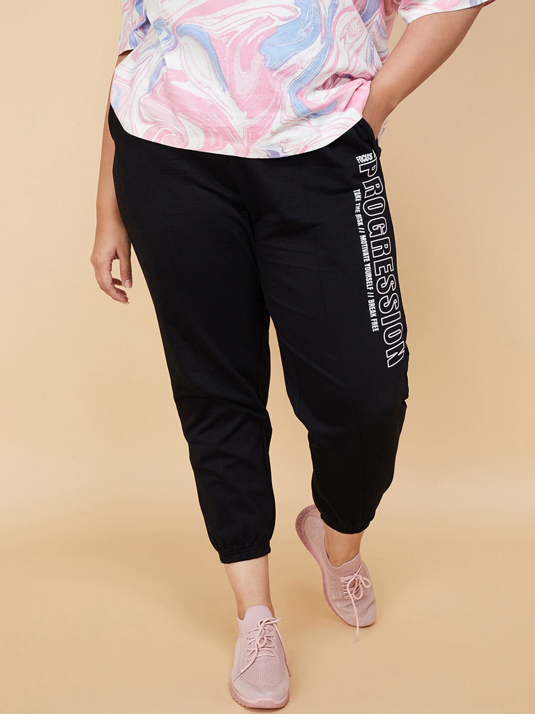 max Plus Size Women Typography Printed Pure Cotton Mid Rise Joggers, Black