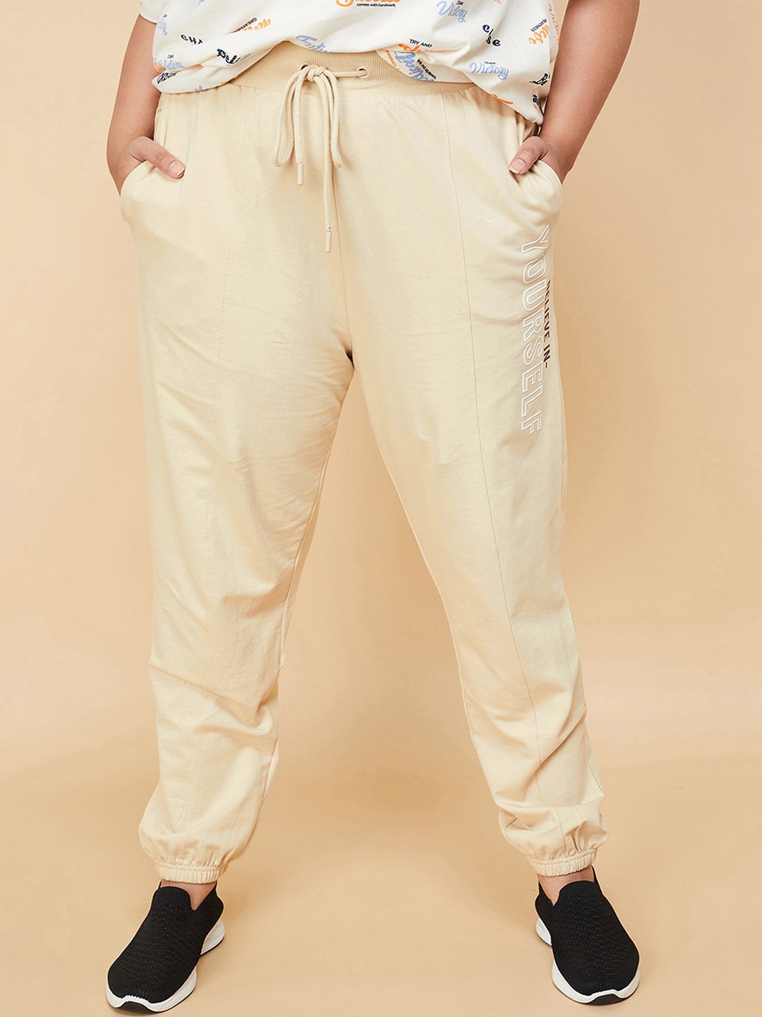 

max Plus Size Women Typography Printed Pure Cotton Mid Rise Joggers, Beige