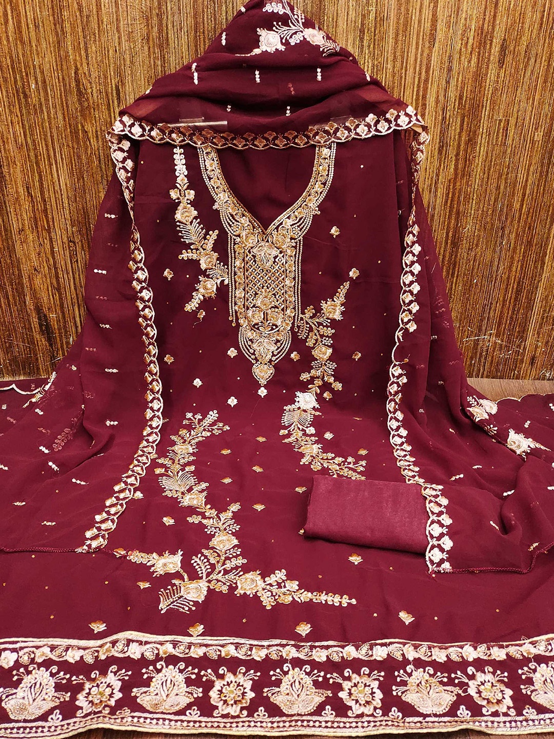 

KALINI Ethnic Motifs Embroidered Unstitched Dress Material, Red