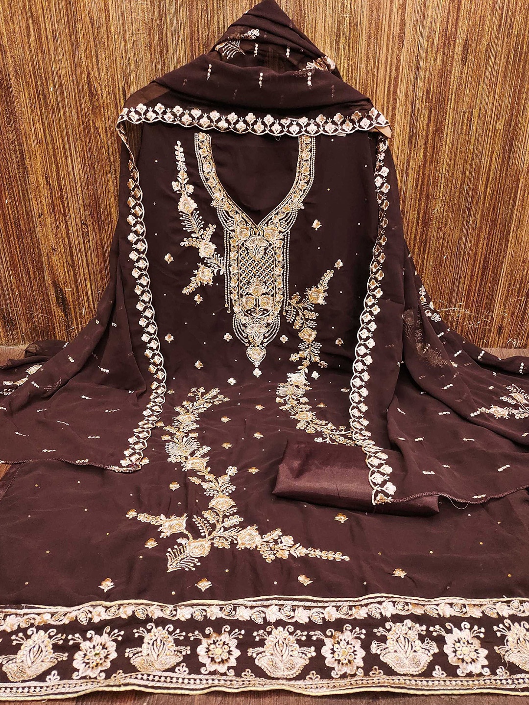 KALINI Floral Embroidered Unstitched Dress Material, Brown