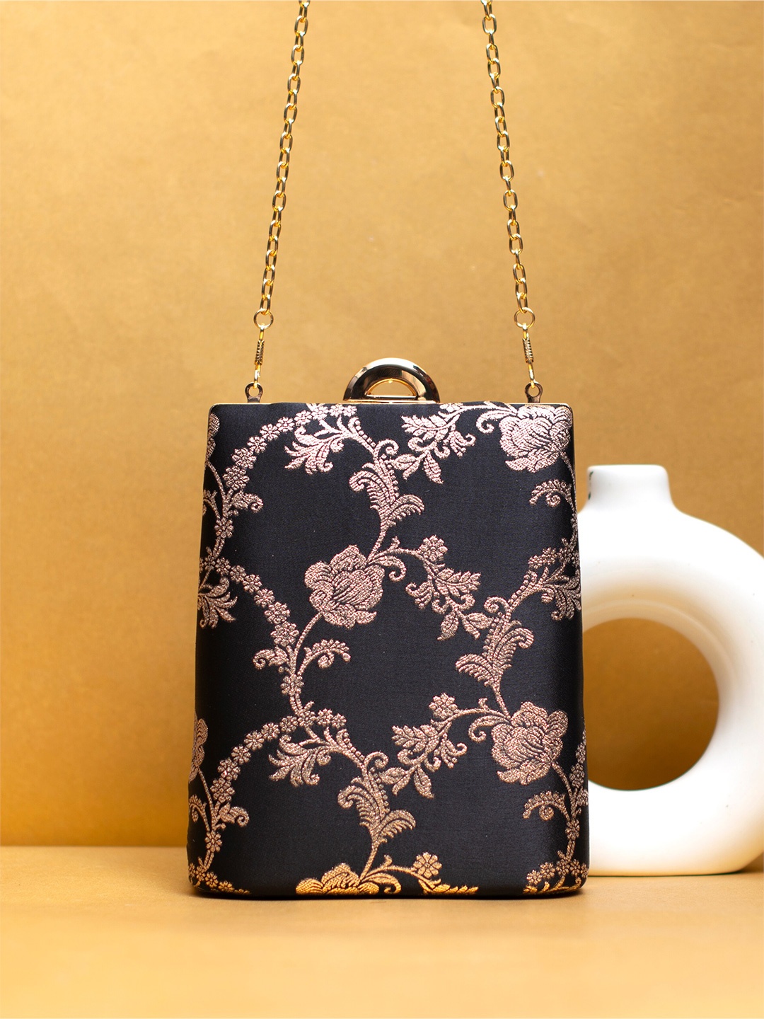

ARTKLIM Embroidered Brocade Box Clutch, Black