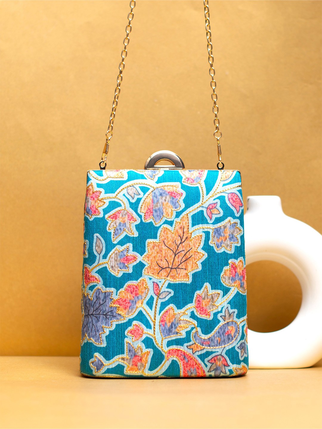 

ARTKLIM Floral Printed Zari Brocade Box Clutch, Blue