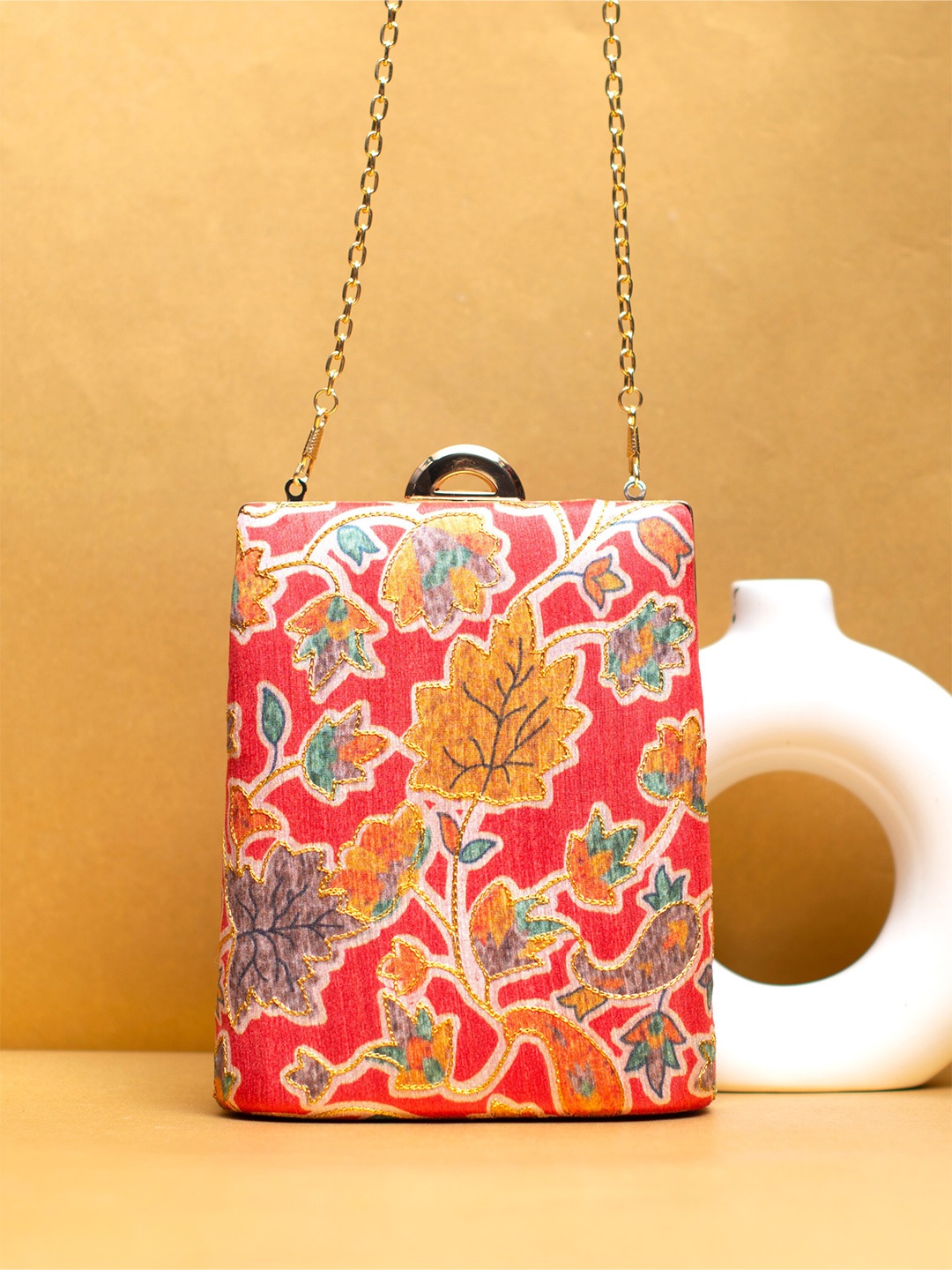 

ARTKLIM Floral Printed Zari Brocade Box Clutch, Red
