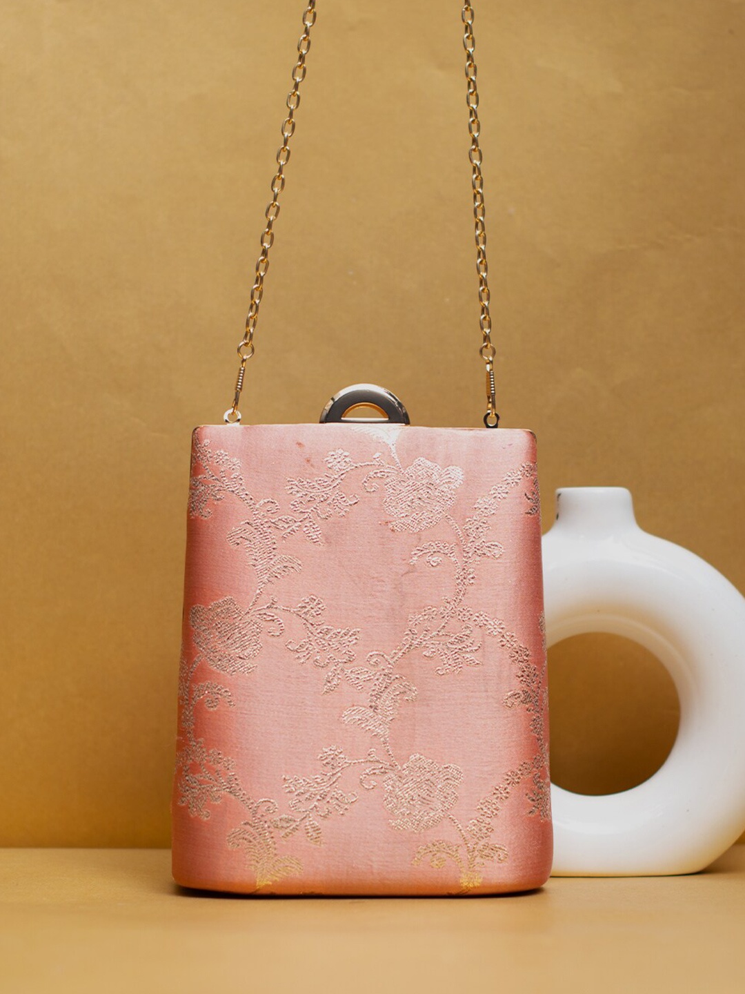 

ARTKLIM Floral Embroidered Box Clutch, Peach