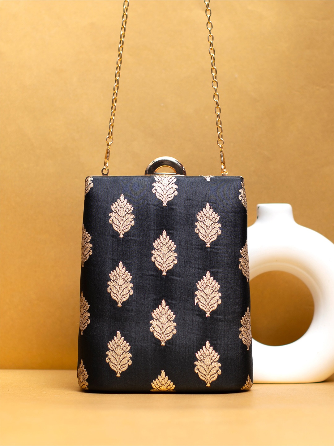 

ARTKLIM Ethnic Motifs Embroidered Brocade Box Clutch, Black
