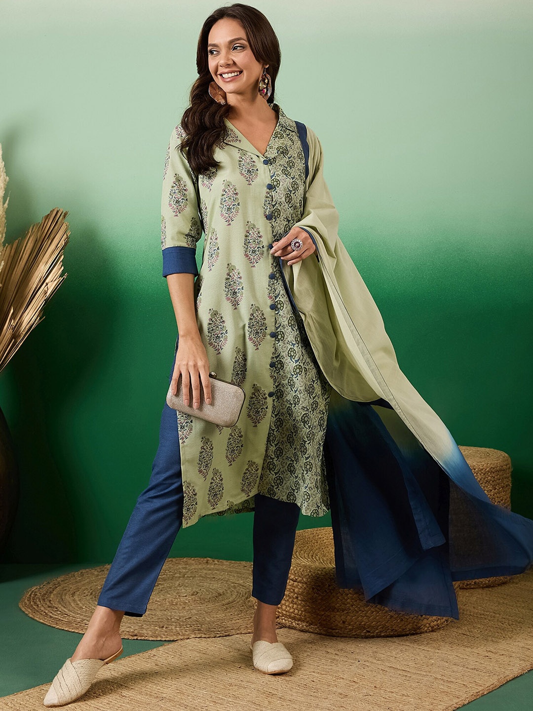 

Sangria Floral Printed Shirt Collar Pure Cotton Straight Kurta With Trouser & Dupatta, Green