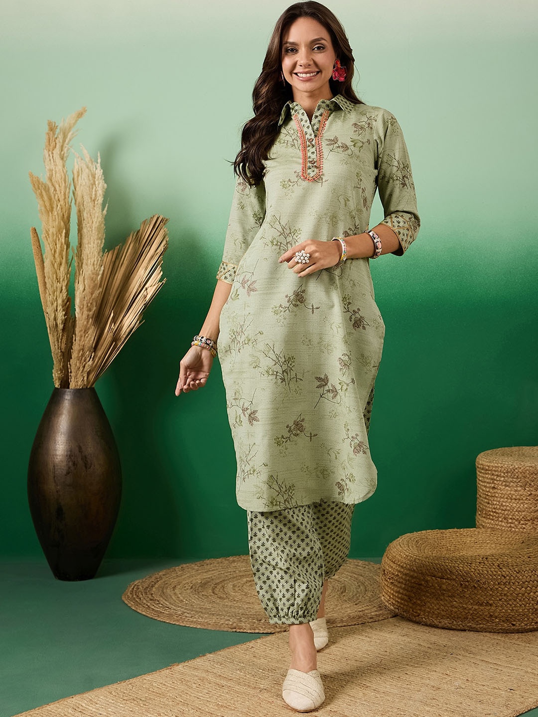 

Sangria Floral Printed Shirt Collar Straight Pure Cotton Kurta With Trouser, Green