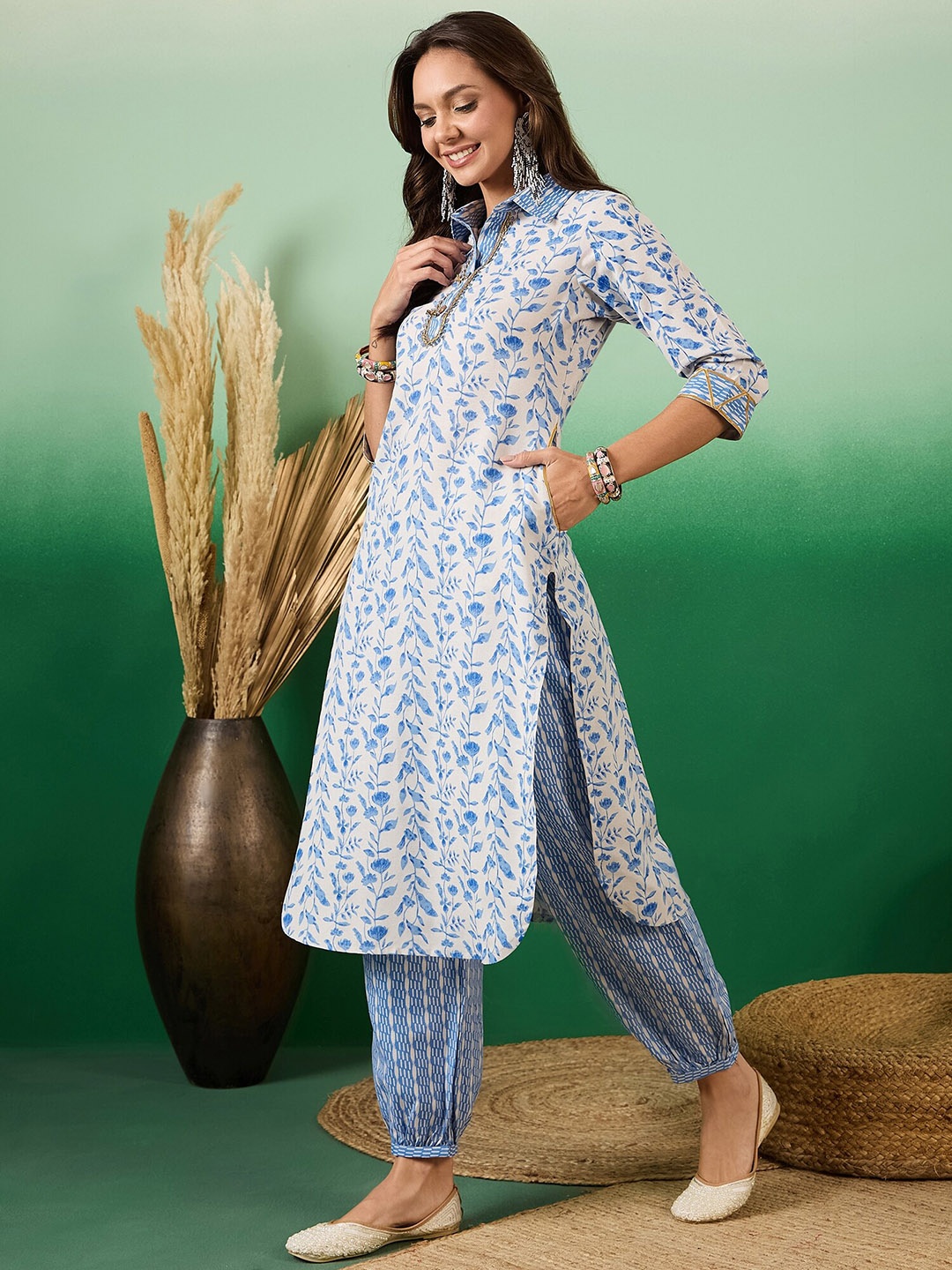 

Sangria Floral Printed Shirt Collar Pure Cotton Straight Kurta With Trouser, Blue