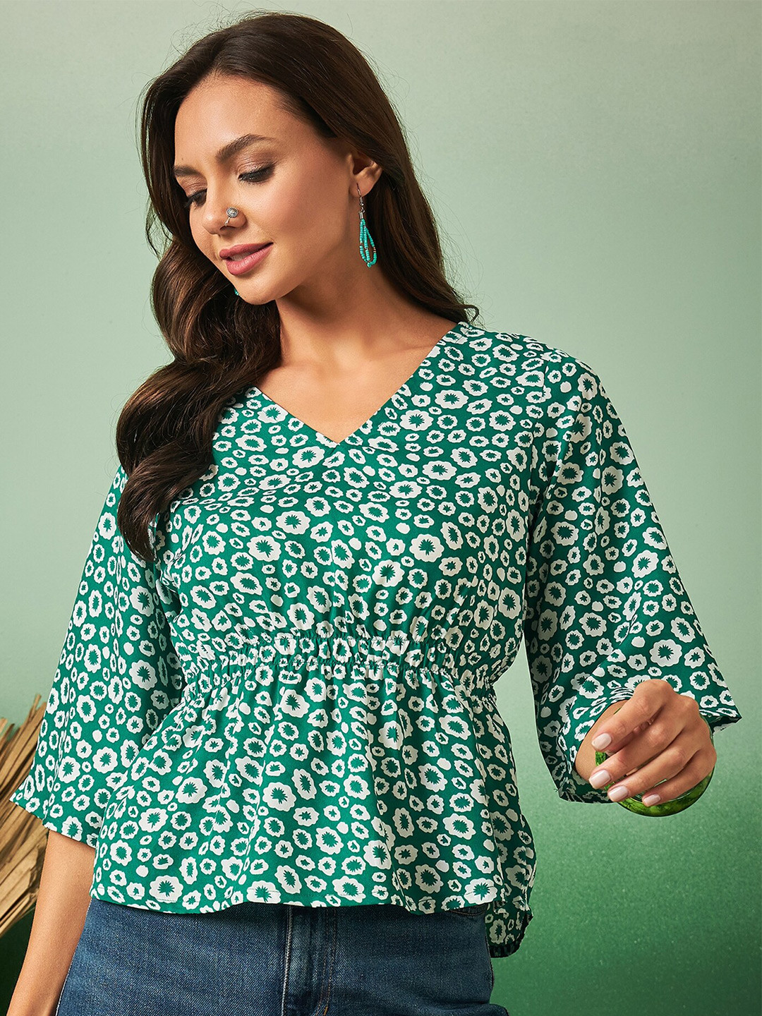 

Sangria Floral Printed V-Neck Peplum Top, Green