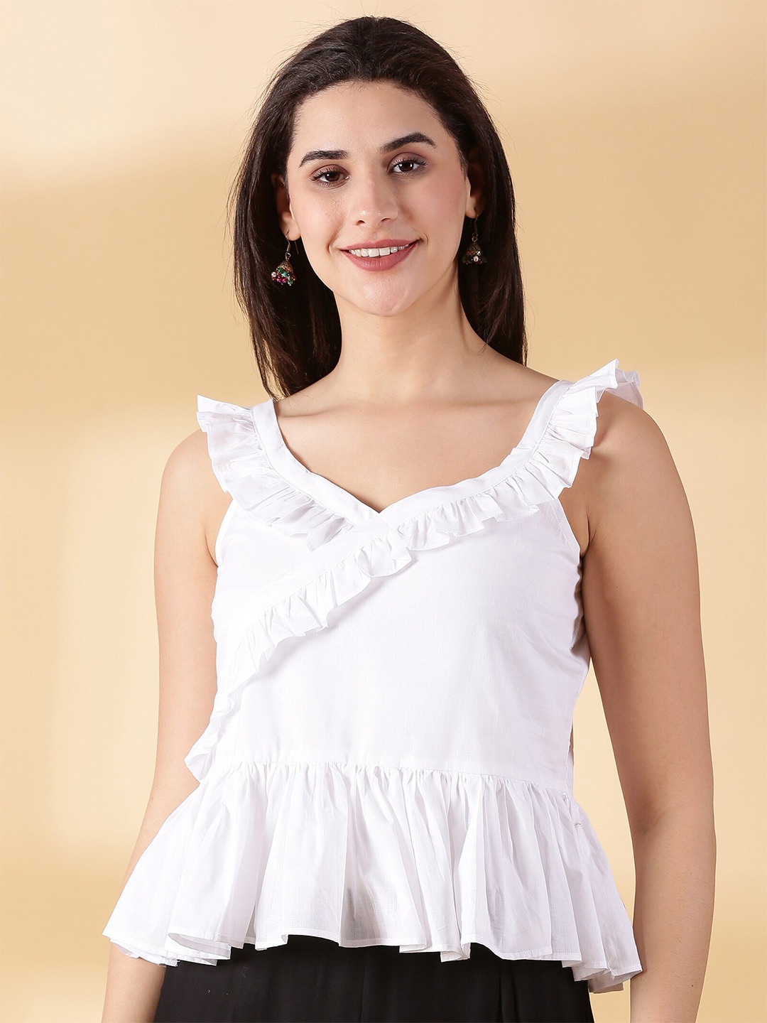 

DIVINATION Ruffled Shoulder Strap Peplum Top, White