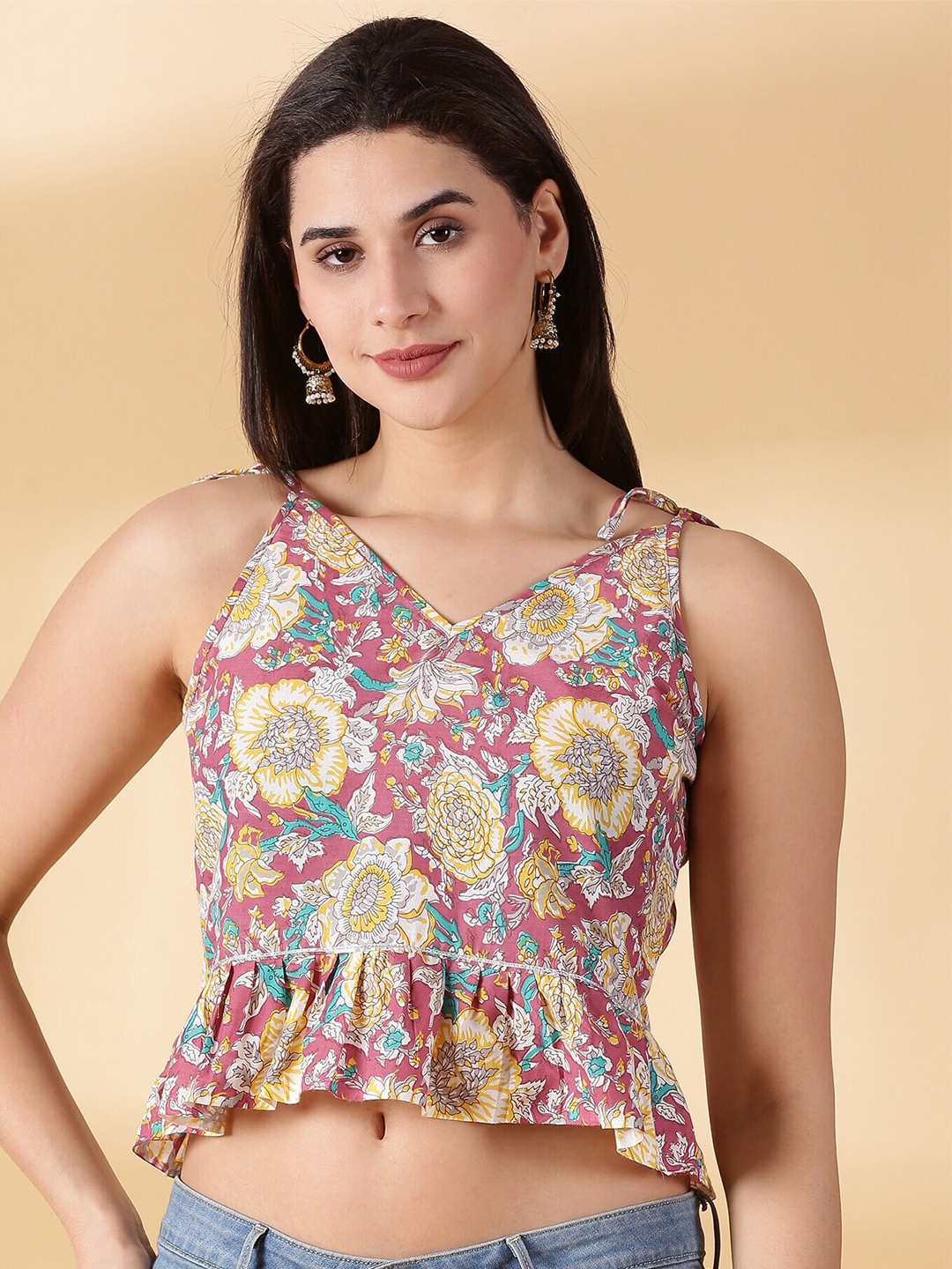 

DIVINATION Floral Printed Shoulder Strap Peplum Crop Top, Pink