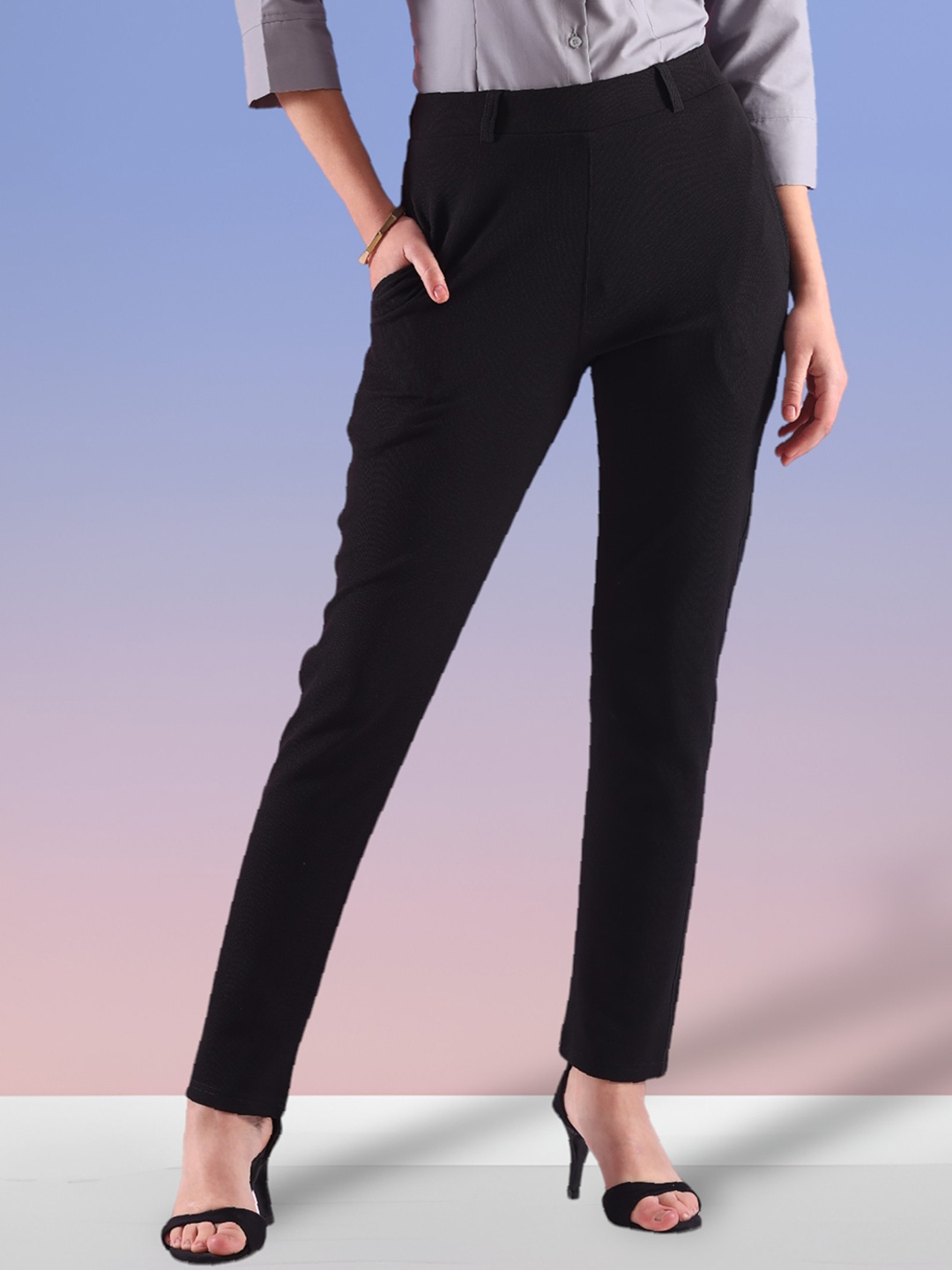 

FITHUB Women Slim Fit High-Rise Formal Trousers, Black