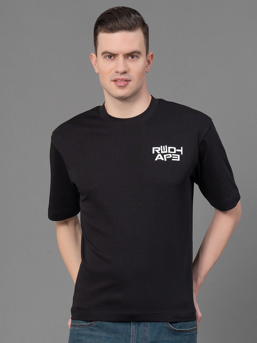 

Red Tape Typography Printed Round Neck Antimicrobial Oversized T-Shirt, Black