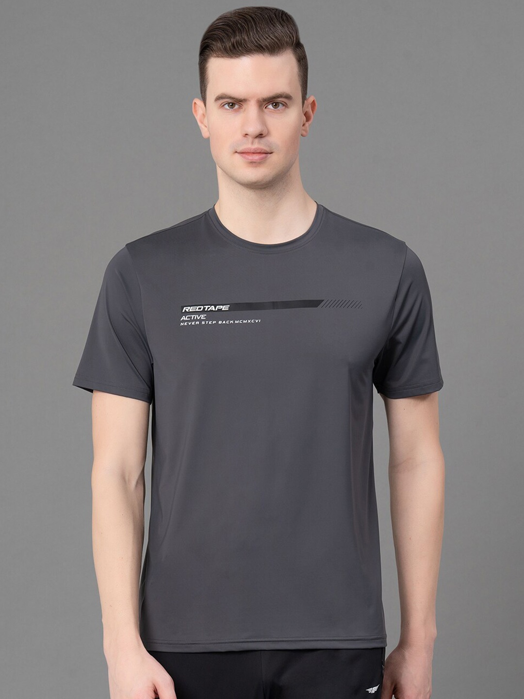 

Red Tape Typography Printed Round Neck Antimicrobial Sports T-Shirt, Grey