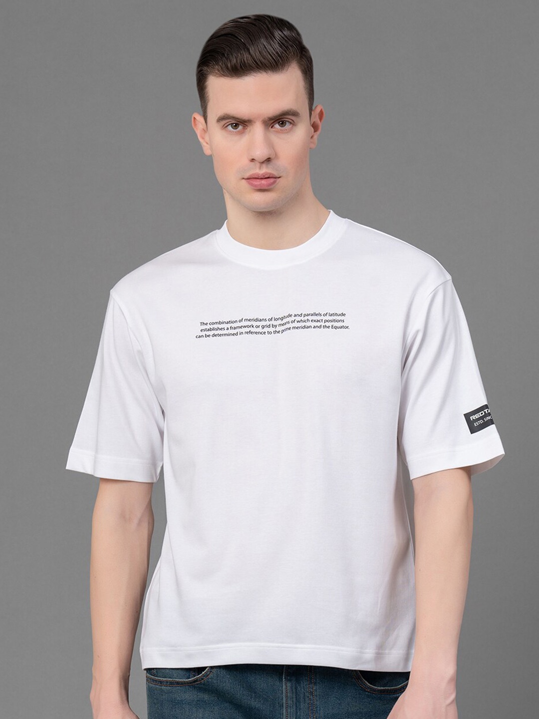 Red Tape Typography Printed Round Neck Antimicrobial Oversized T-Shirt, White
