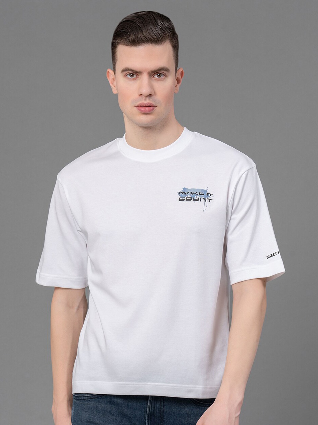 

Red Tape Typography Printed Round Neck Anti-Microbial Oversized T-shirt, White