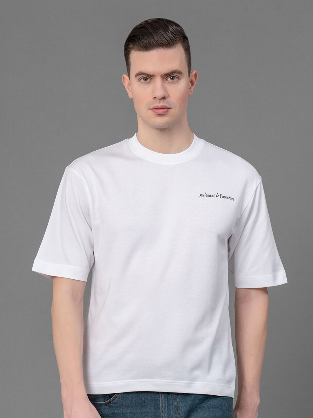 

Red Tape Typography Printed Round Neck Anti-Microbial Oversized T-shirt, White