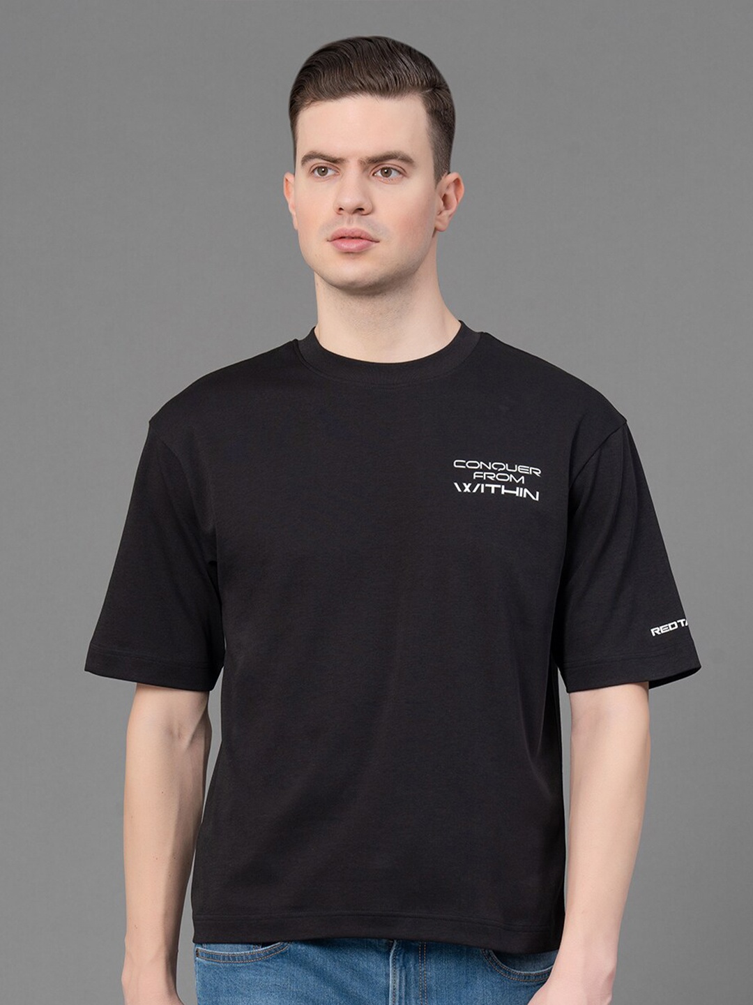 

Red Tape Typography Printed Round Neck Antimicrobial Oversized T-Shirt, Black