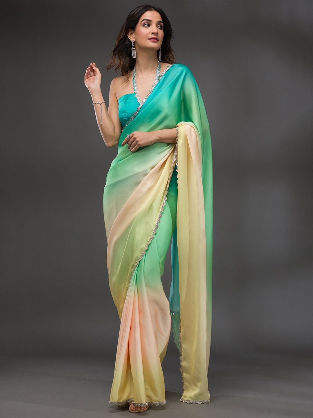 

Koskii Ombre Beads and Stones Satin Saree, Green