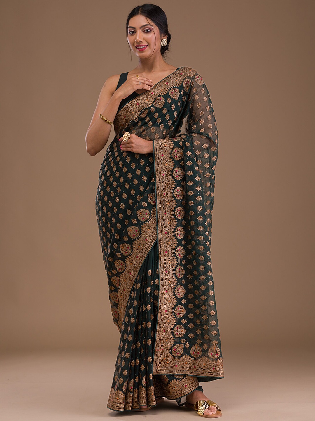 

Koskii Woven Design Zari Georgette Saree, Green