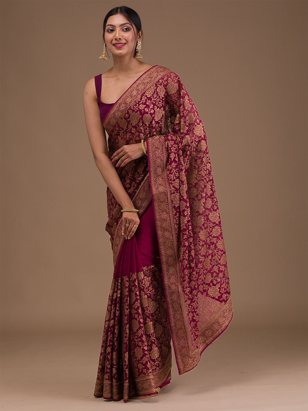 

Koskii Woven Design Zari Georgette Saree, Maroon