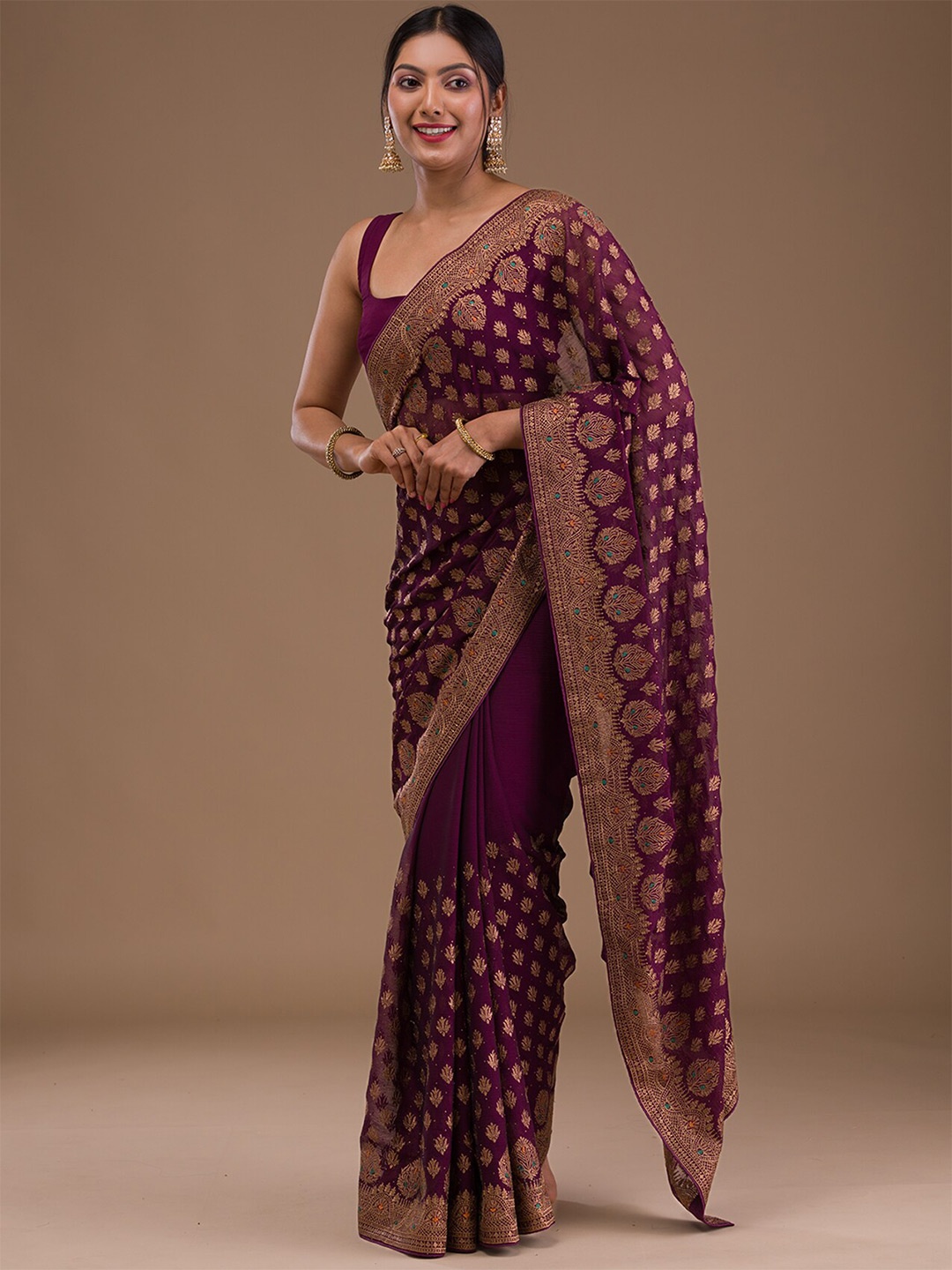 

Koskii Ethnic Motifs Zari Georgette Saree, Purple