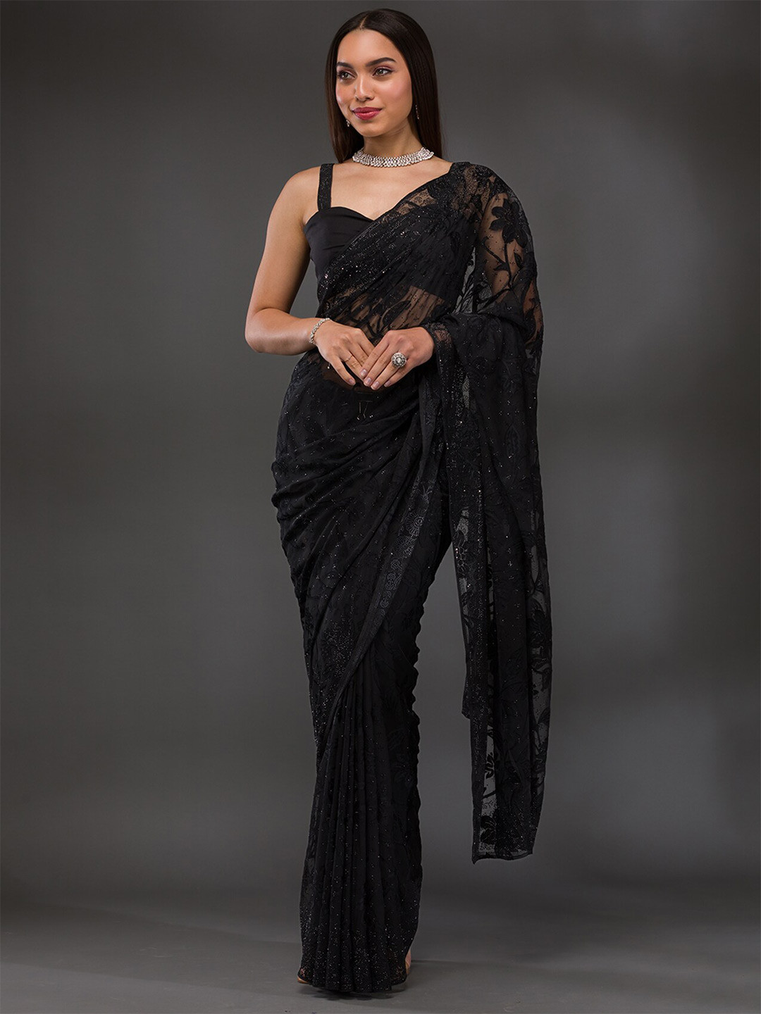 

Koskii Embellished Beads and Stones Georgette Saree, Black