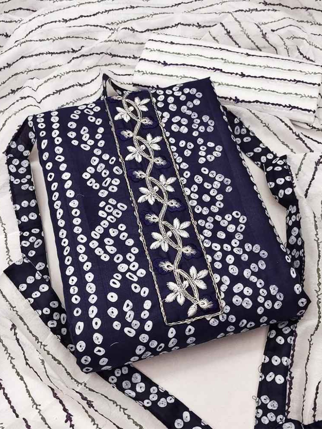 

faxofab Printed Unstitched Dress Material, Navy blue