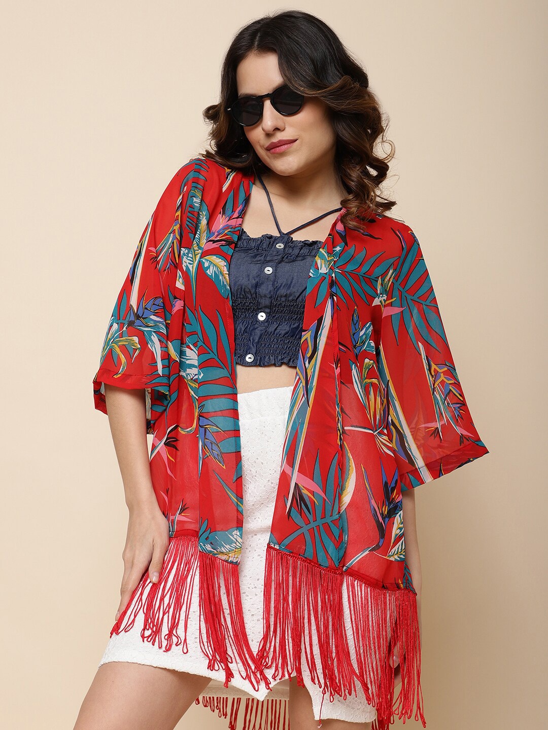 

UnaOne Floral Printed Open Front Shrug, Red
