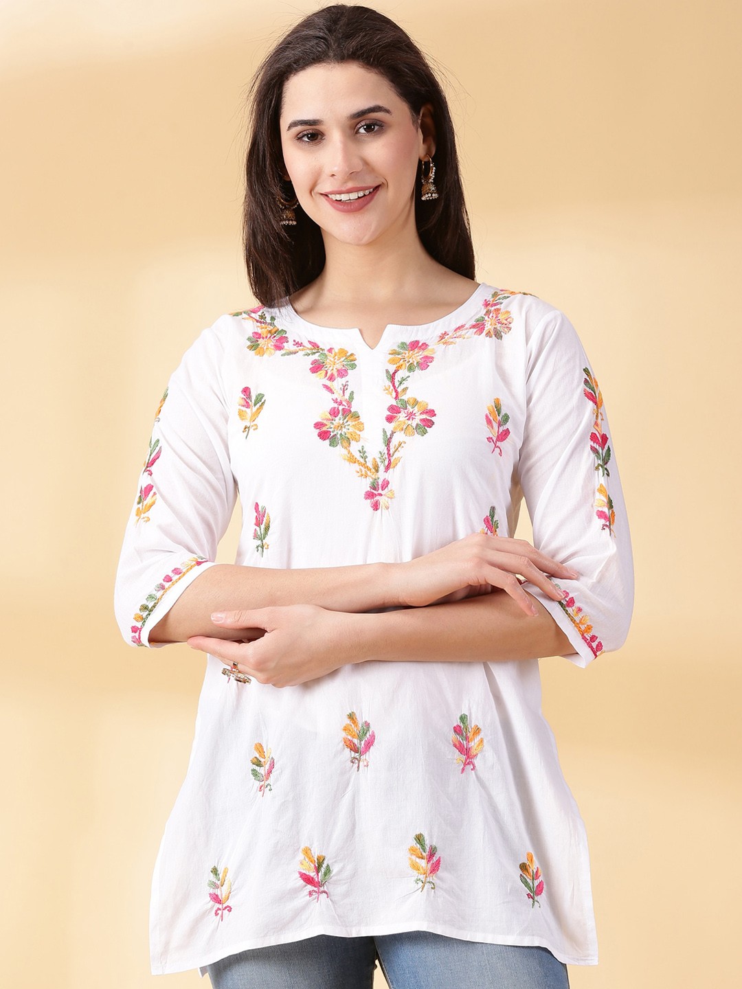 

DIVINATION Floral Embroidered Notched Neck Straight Kurti, White