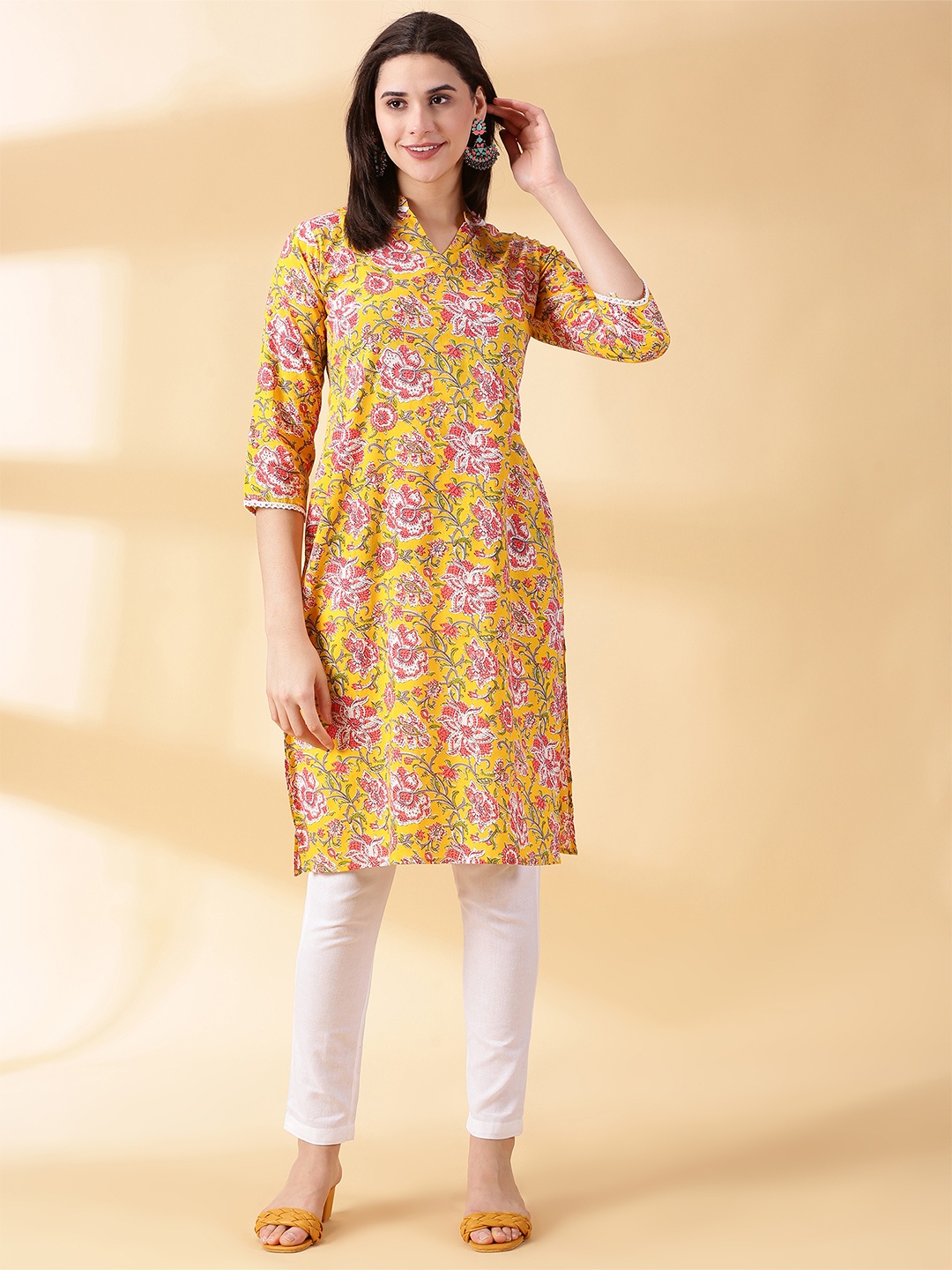 

DIVINATION Floral Printed Mandarin Collar Pure Cotton Lace Straight Kurta, Yellow