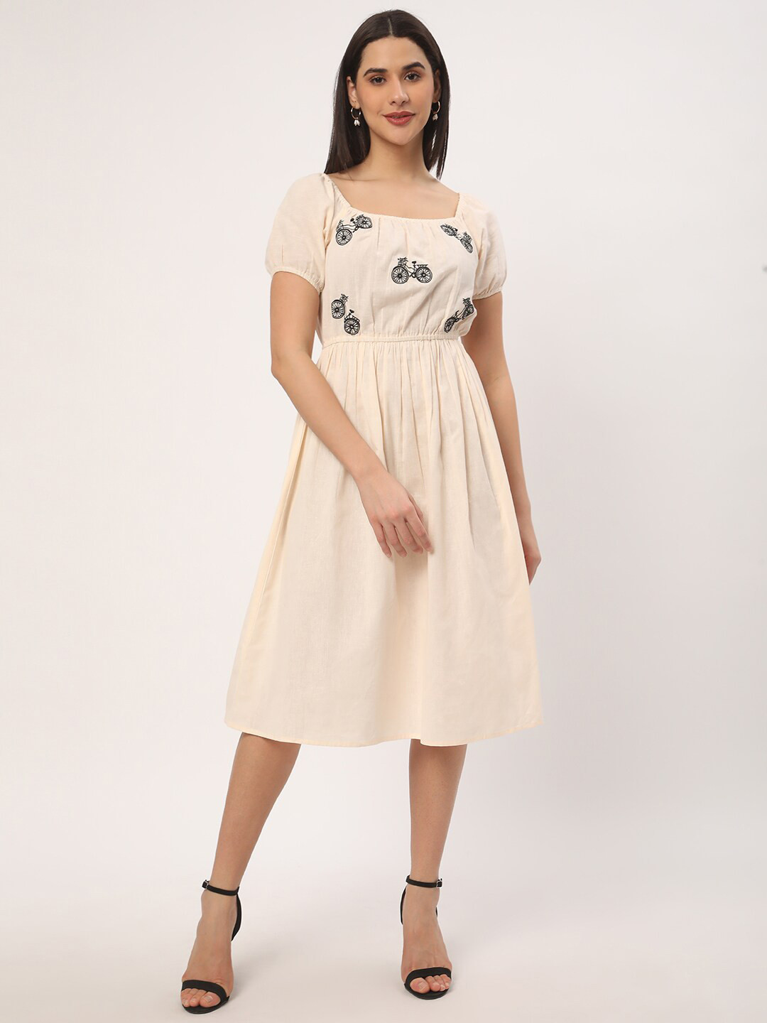 

R&B Cycle Embroidered Square Neck Puff Sleeves Fit & Flare Dress, Beige