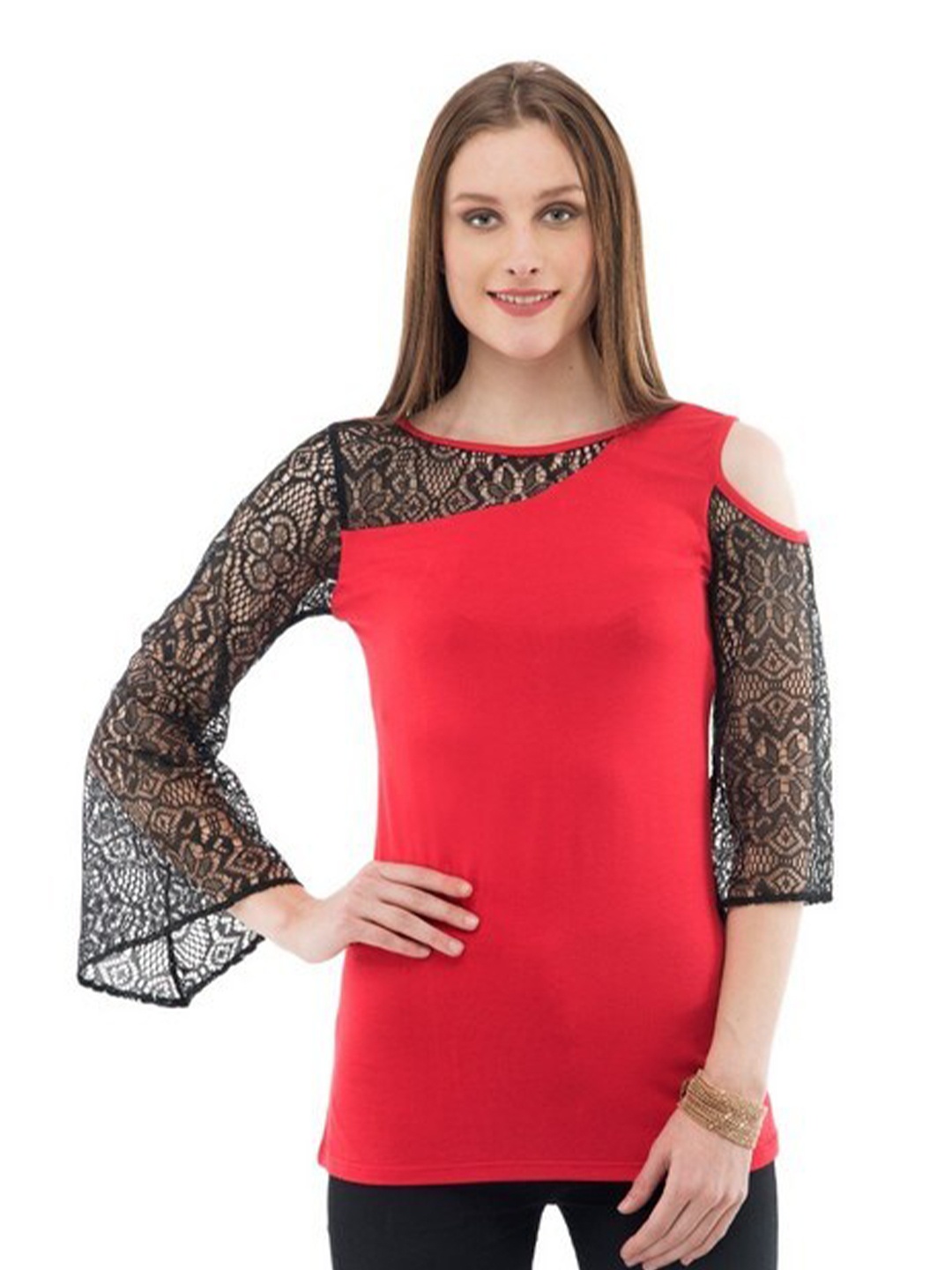 

Karmic Vision Round Neck Cold-Shoulder Sleeves Regular Top, Red