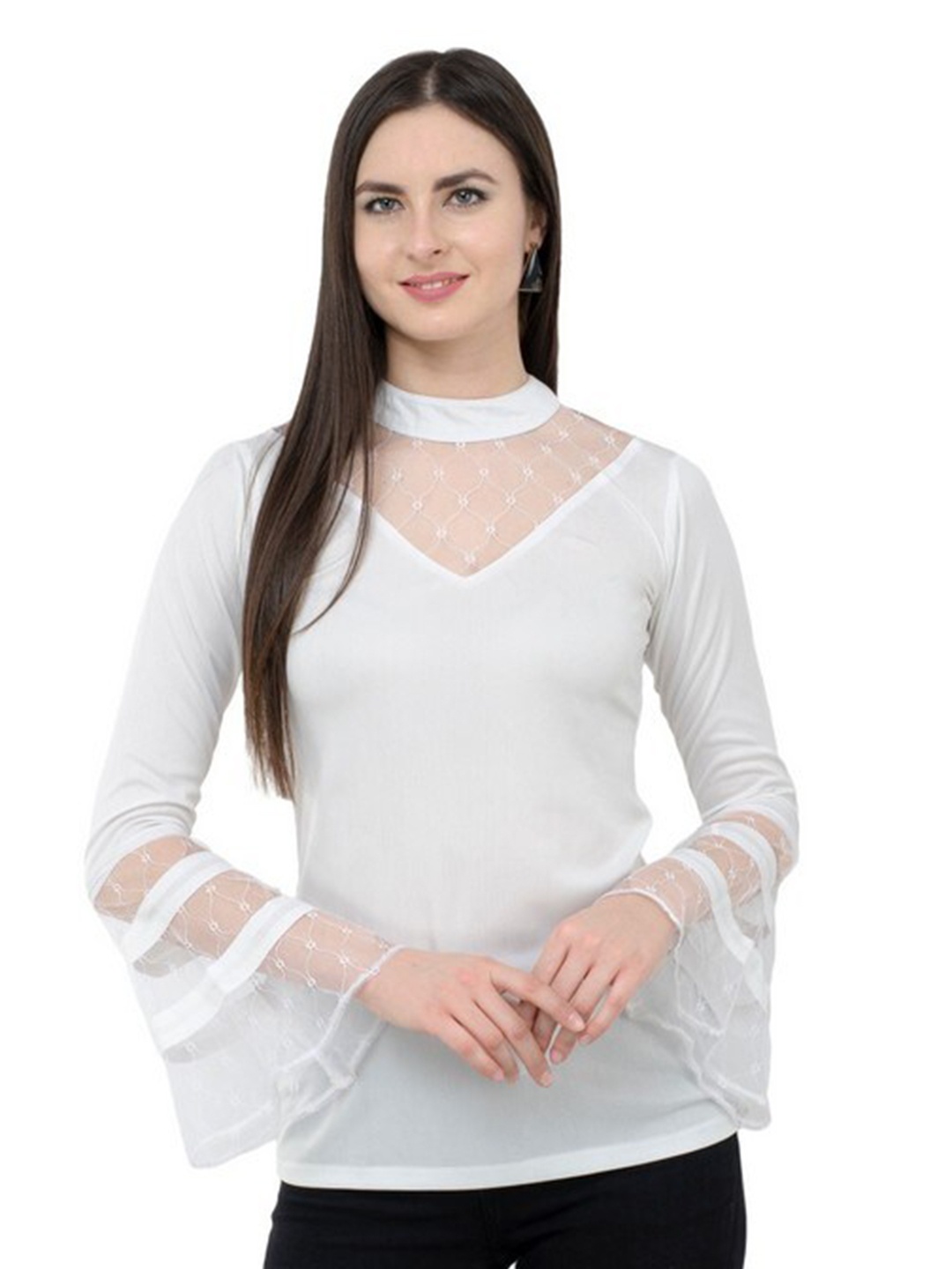 

Karmic Vision High Neck Bell Sleeves Top, White