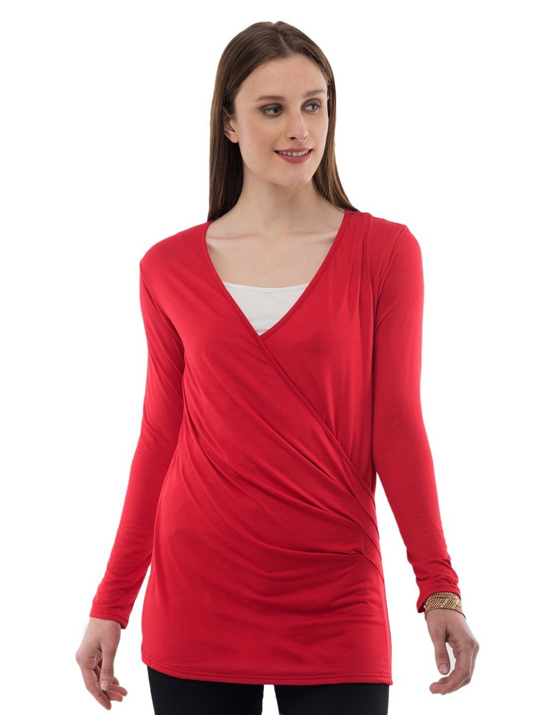 

Karmic Vision V-Neck Gathered Detailed Longline Top, Red