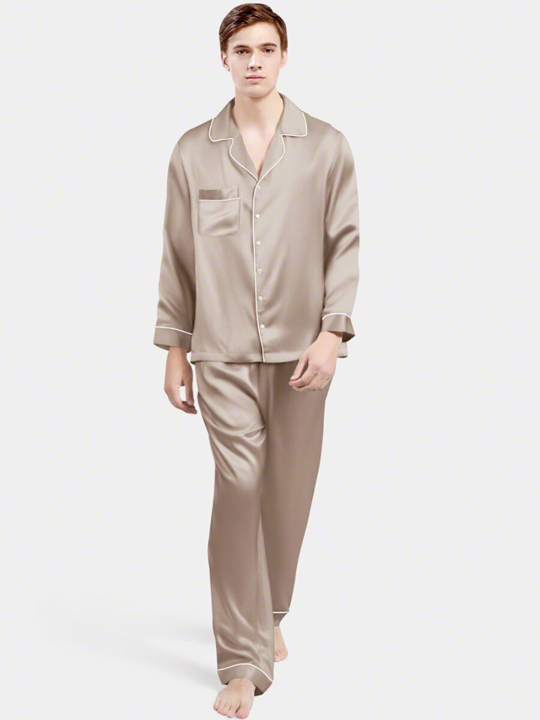 

Bella Babe by SK Lapel Collar Satin Shirt With Pyjamas, Beige