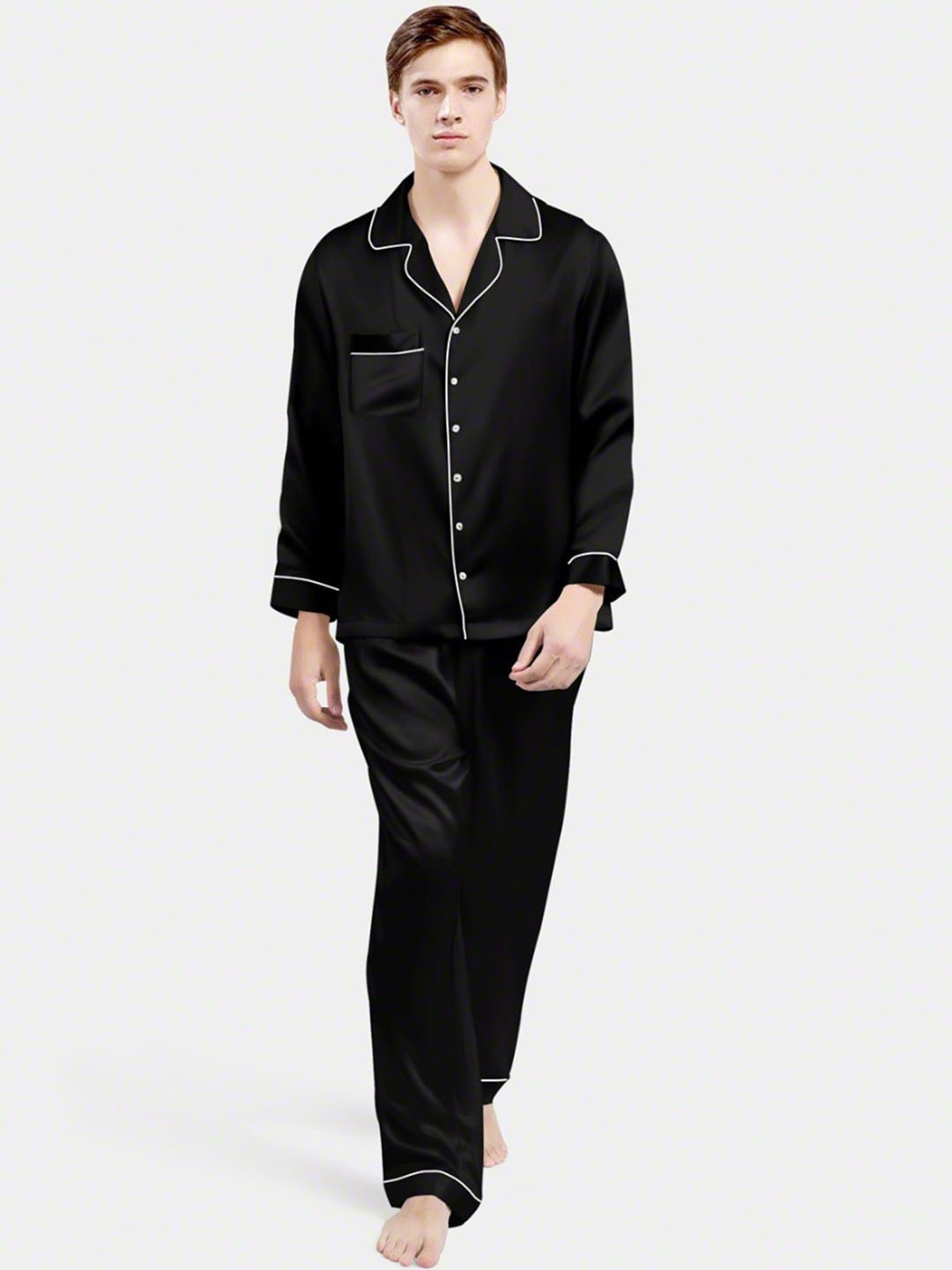 

Bella Babe by SK Lapel Collar Satin Shirt With Pyjamas, Black