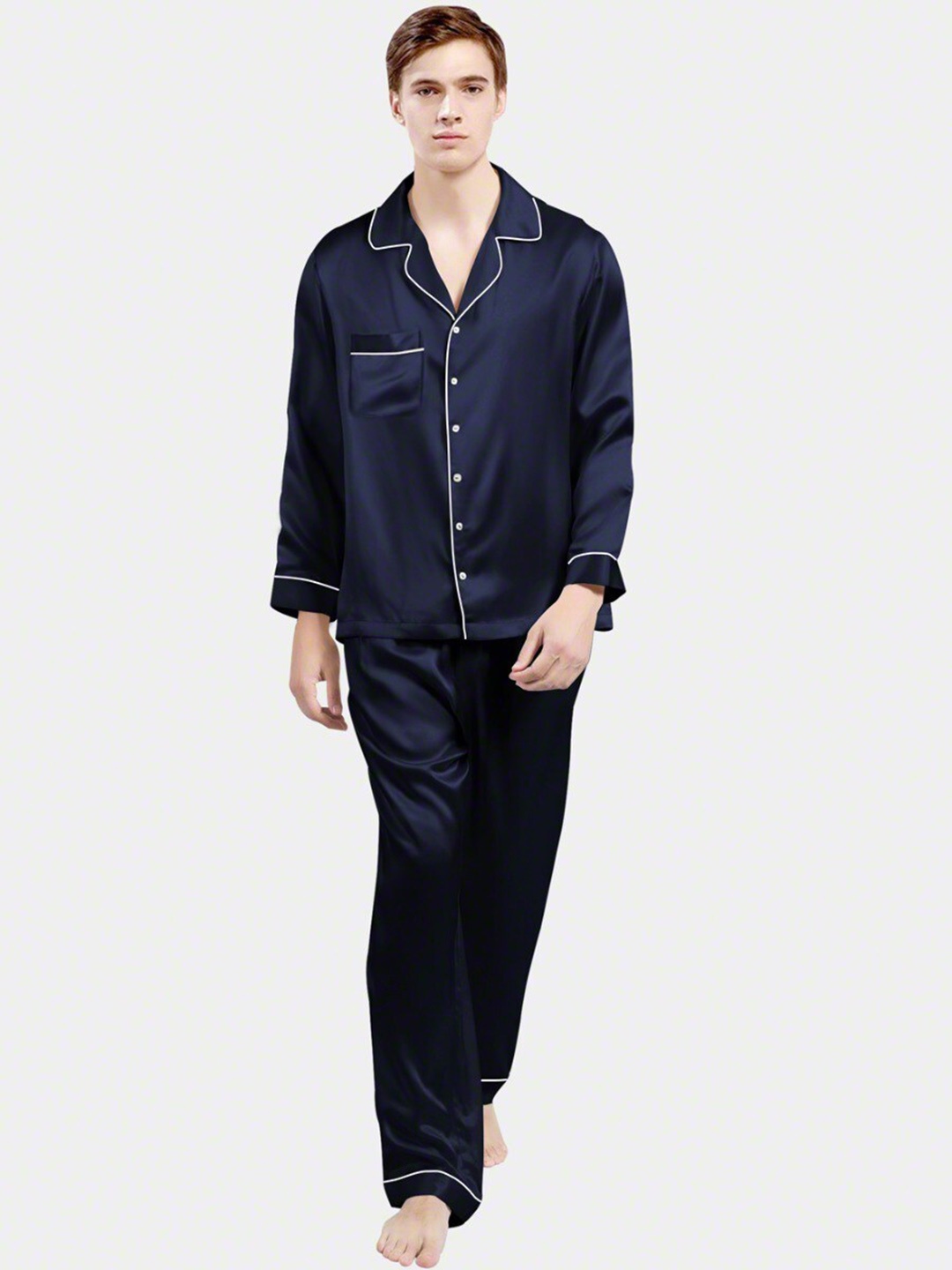 

Bella Babe by SK Lapel Collar Satin Night suit, Navy blue