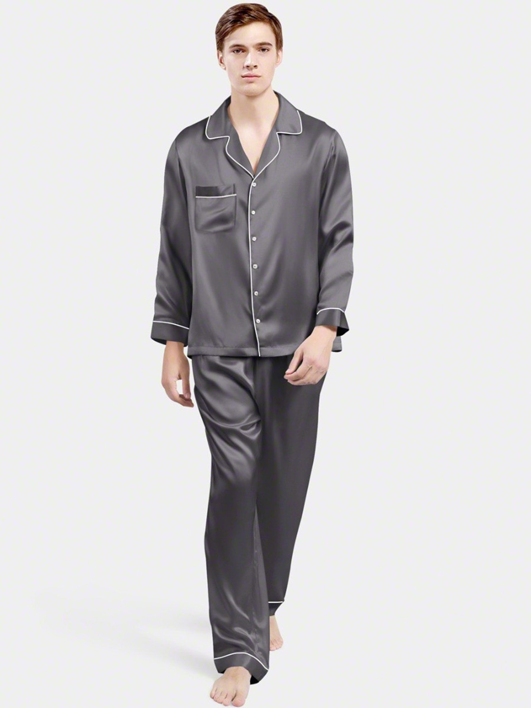 

Bella Babe by SK Lapel Collar Satin Night suit, Grey