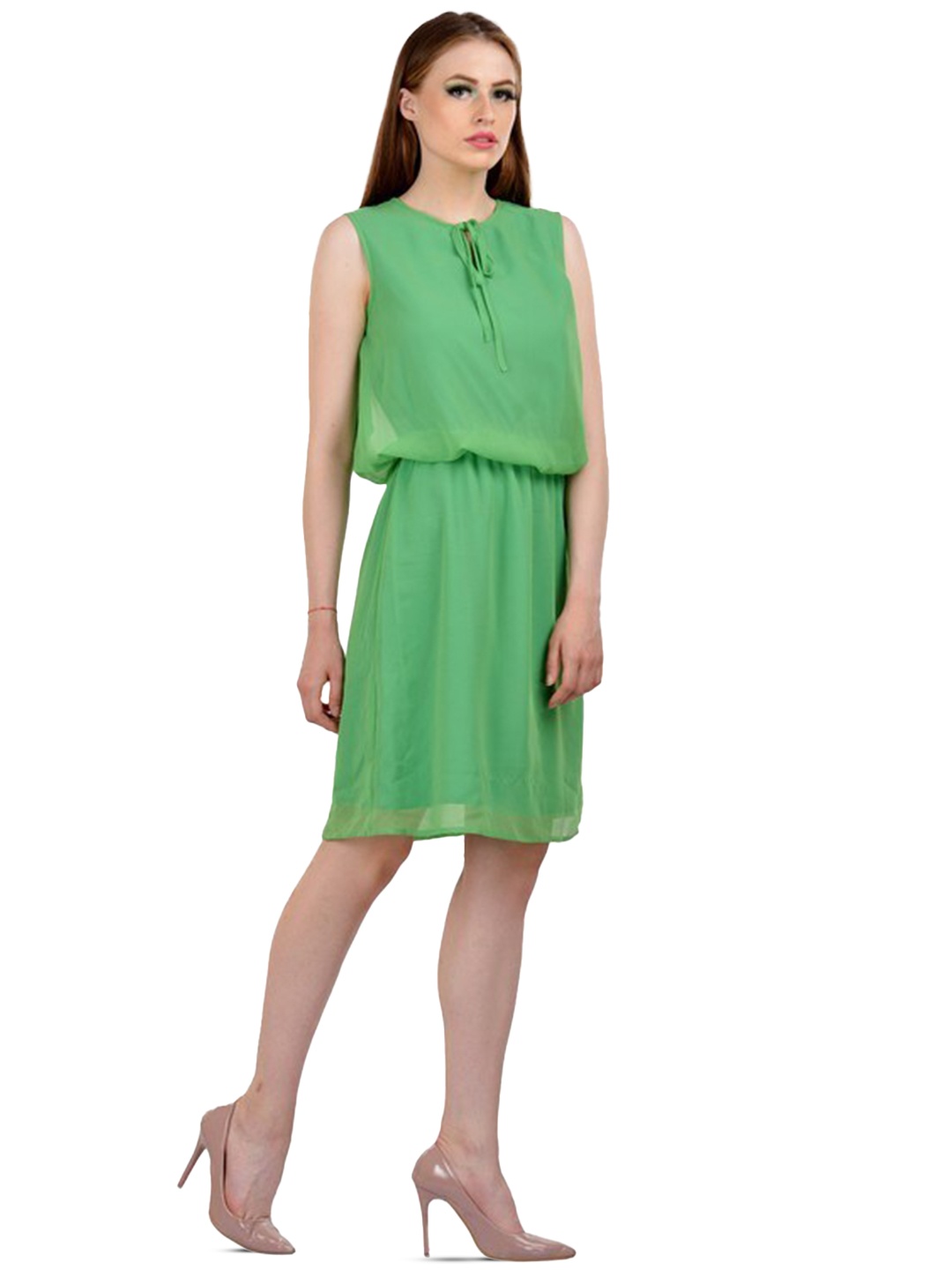 

Karmic Vision Tie-Up Neck Georgette Blouson Dress, Green